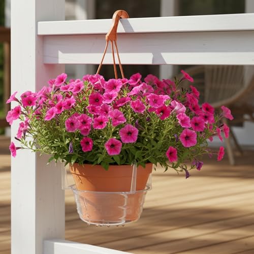 Curtis Wagner Plastics Hanging Basket Drip Pans (5-Pack) | Clear, Round (Diameter = 7.37" Base, 10" Top, 3.7" Depth) Hanging Plant Tray Saucer with Built-in Hooks & Water Catcher for Indoor & Outdoor - color: Hanging, size: 7.37"