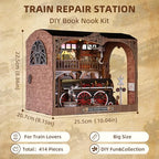 Book Nook Kit, Book Nook Kits for Adults DIY Booknook Model Build, DIY 3D Wooden Puzzle Bookend Booknook Bookshelf Insert Miniature Dollhouse Kit for Home Decoration - style: Train Repair Station