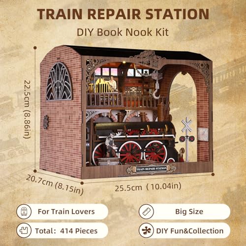 TOYQI Book Nook Kit, Book Nook Kits for Adults, DIY Miniature Dollhouse Kit 3D Wooden Puzzle Booknook Bookend with LED Light - style: Train Repair Station
