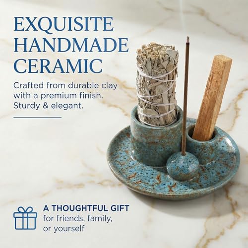 Palo Santo Sticks Holder, Multi-Purpose Handmade Ceramic Incense Burner for Palo Santo Incense Sticks, Sage Holder for Burning, Ash Catcher Tray for Meditation Yoga Room-Light Blue - color: Light Blue