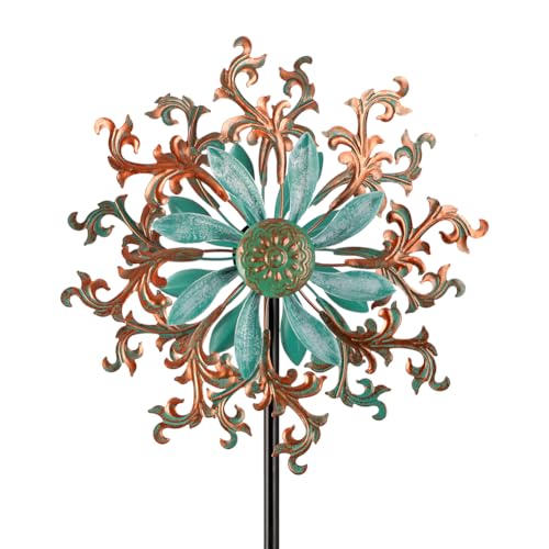 Viveta Wind Spinners Outdoor, Metal Wind Sculptures for Yard and Garden,13 * 57 "Double Windmill with Stable Stake - color: 2-copper Green-b