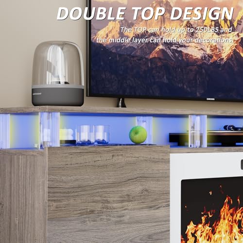 LEMBERI 70" Fireplace TV Stand for TVs up to 80 Inches with White 36'' Electric Fireplace & Remote, Modern Entertainment Center with LED Light,Woodeen TV Console for Living Room, 8 Acrylic Posts, Gray - color: Gray With White Fireplace (Acrylic Posts), si