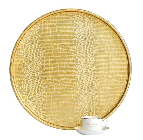HofferRuffer Round Serving Tray 20'', Elegant Faux Leather Circle Ottoman Table Tray, Serve Tea Coffee Breakfast in Bedroom Living Room Kitchen (Gold, 20") - color: Gold, size: 20"