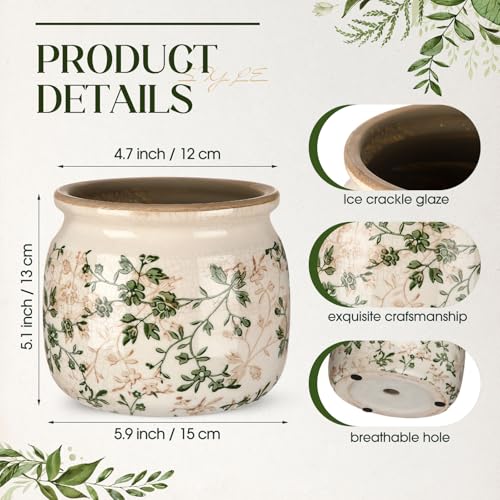 Vintage Planter Large Ceramic Plants Pot Green Pink Pastoral Floral Ice Crack Cottage Scroll Vase Flower Vase Pot Indoor Plants Home Kitchen Decor Farmhouse Antique Decorative Gifts - color: Beige Green, size: Pastoral Floral
