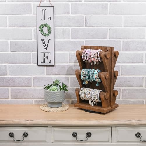 Ikee Design Two-Sided Rotating Wooden Jewelry Bracelet Display Stand-6 Removable Holders, 3 Tier Bar Bangle Organizer-Perfect for Bracelets and Jewelry Display for Vendors, Brown Color - color: 1) Brown, 6 Bars