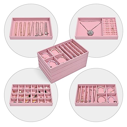 ProCase Stackable Jewelry Organizer Trays for Drawers, Jewelry Drawer Inserts Container Display Case Storage for Earring Necklace Rings Bracelet with Removable Dividers -Dustypink, 4 Layers - color: Dustypink, size: 4 Layers