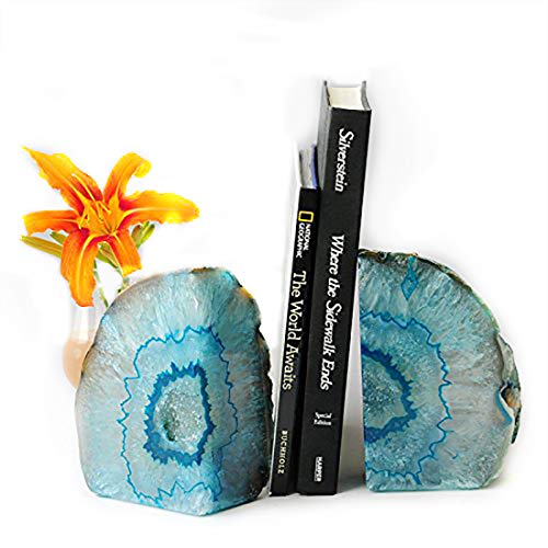 JIC Gem Teal Agate Bookends Geode Book Ends for Bookshelf Decor Decorative Bookends for Shelves Unique Cute Teal Decor with Rubber Bumpers (1 Pair, 3-4 Lbs) - color: Green Dyed, size: 3-4LBS.