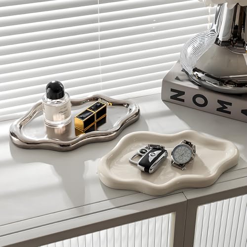 Ceramic Jewellery Dish Trinket Dish Jewelry Tray Cloud Shape Tray Perfume Tray Rings/Earrings/Bracelets/Watch/Keys Tray for Valentine's Day//Mother's Day/Birthday Gift (White) - color: White
