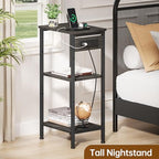 Asgolion Tall End Table with Charging Station, 3 Tier Narrow Beside Table with Adjustable Shelf, Tall Gray Side Table Nightstand for Bedroom, Living Room Coffe Table, Office, Charcoal Grey - color: Charcoal Grey, style: With Outlet