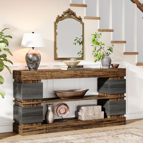 Tribesigns 63" Farmhouse Console Table, 3-Tier Entryway Table with Storage, Long Wooden Behind Couch Stand with 4 Compartments for Living Room, Hallway, Foyer, Vintage Brown & Gray