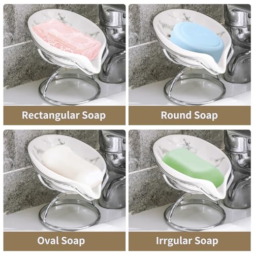 Dobbyby Leaf-Shaped Soap Dish – Ceramic Soap Bar Holder with Self-Drainage System – Bar Soap Holder for Shower, Bathroom Sink, Kitchen – Soap Dish with Stainless Steel Stand (White-Sliver-2 Pack) - color: White-sliver-2 Pack