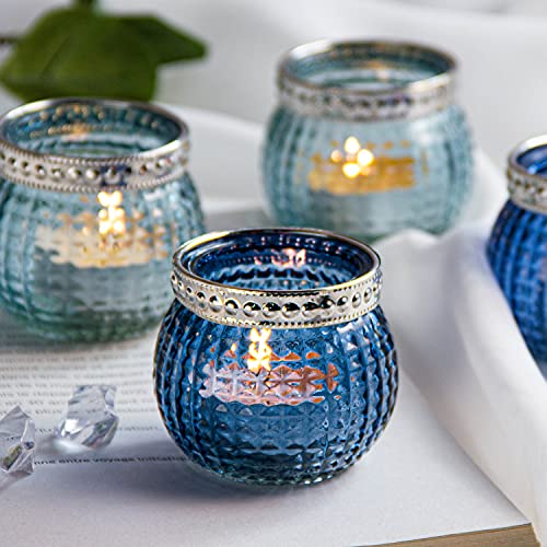 Candle Holder Set of 12, Small Tealight Candle Holder, Vintage Glass Votive Candle Holders for Table Centerpiece Wedding Home Decor Holiday Decor (Blue) - color: Blue