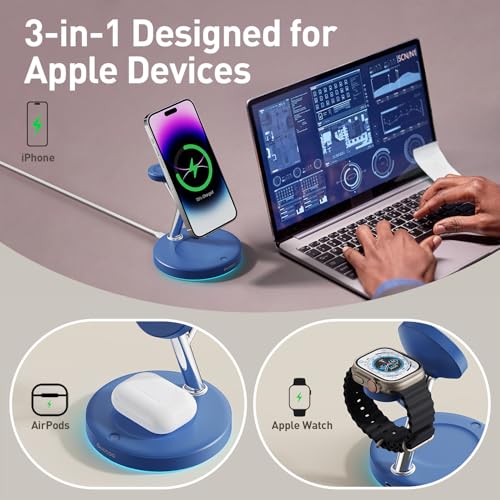 New 3 in 1 Charging Station for Apple Compatible with Magsafe Charger Stand for iPhone 17 16 15 14 13 12 Wireless Charging Station for AirPods Wireless Charger for iWatch Series - color: Blue