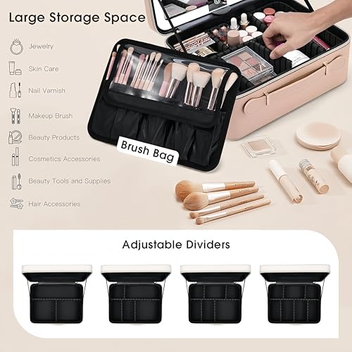 Leather Makeup Case with LED Lighted Mirror 11.4 Inch Travel Makeup Bag Adjustable Brightness in 3 Colors Cosmetic Organizer Artist Storage Bag with Dividers Brush Holder Bag Vanity Champagne Gold - color: WD-Champagne Gold 11.4 Inch, size: 2-Medium