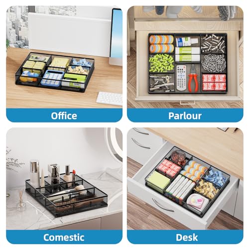 Marbrasse 2Pack Desk Drawer Organizer, Metal Mesh Drawer Organizer Tray with 5 Adjustable Compartments,Desk Organizers and Accessories for Home,Office,Kitchen,Makeup,Vanity (Black) - color: 2Pack Black