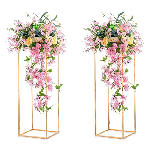 NUPTIO 2 Pcs Metal Flower Floor Vase Column Geometric Centerpieces Flower Stand for Tables, 31½ inch Tall Gold Flower Holder for Home Party Wedding Decorations, Rectangular Display Rack - size: 31½" H x 2 Pcs