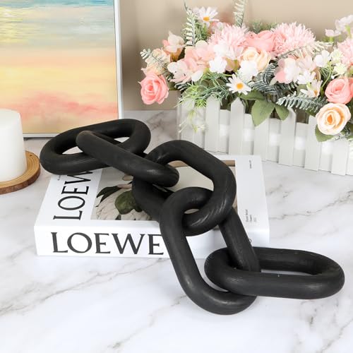 HMASYO Black Wood Chain Link Decor, 5-Link Wooden Decorative Chain Home Decor Accents, Coffee Table Decor, Shelf Decor Aesthetic, Modern Bookshelf Table Decorative Objects for Living Room - color: Black-5, size: 22"D x 3.9"W