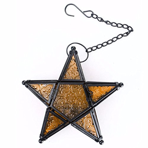 Morocco Metal Star Glass Lantern Wall Hanging Candle Holder for Decorative Wedding Party Home Decoration Birthday Party (Yellow) - color: Yellow