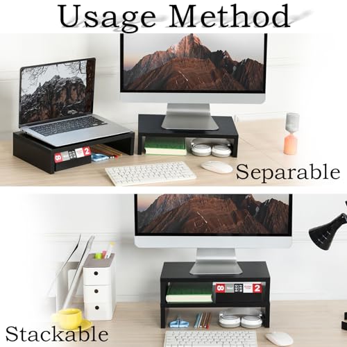 TEAMIX Wood Monitor Stand Riser-2 Pack, 2 Tier Adjustable Monitor Stand Dual Monitor Riser for 2 Monitors/Laptop/PC Black Computer Stand for Desk - color: Black