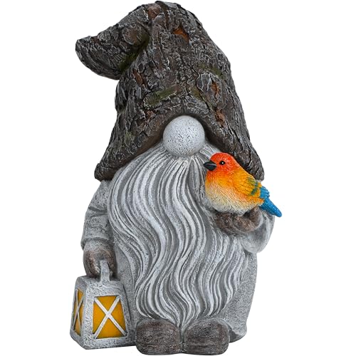 Mood Lab Garden Gnome - Stone Gnome Figurine - 9.1 Inch Tall Lawn Statue with Bird - for Outdoor or House Decor