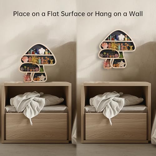 Cute Mushroom Decor, Wooden Floating Mushroom Shelf for Wall, Crystal Display Shelf Rock Gem Stone Display Shelf Wall Mounted - color: 2 Mushrooms