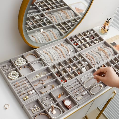 SPAKOWN Jewelry Trays Organizer for Drawer, 9 Set of Small Jewelry Display Case Storage Velvet Stackable Drawer Inserts Organizer for Necklaces Bracelets Earrings Rings (Grey) - color: Grey