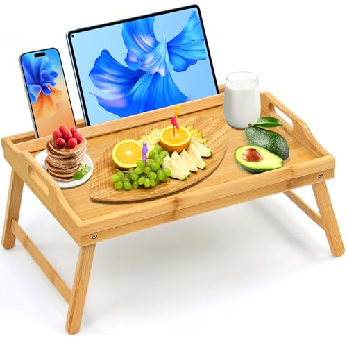 Tray Table for Bed, Bamboo Breakfast Tray with Folding Legs and Handles, Natural Color Bed Tray with Media Slot, Ideal for Eating, Serving or Working in Kitchen, Sofa or Bedroom - style: 1 pack