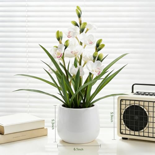 Artificial Orchid Flowers Fake Cymbidium Plant in Pot, 19" Tall Faux Orchids for Home Decor Indoor, Lifelike Silk Flowers for Centerpieces Office Arrangement-White