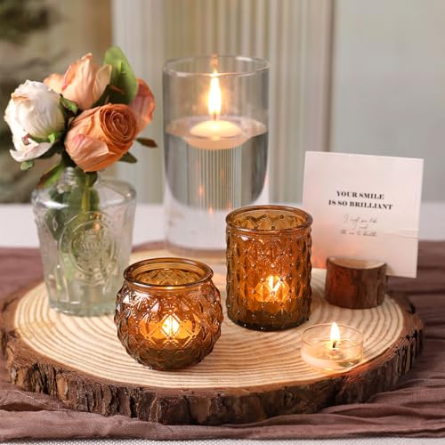 DARJEN Amber Votive Candle Holders Set of 24- Round Candle Holders Bulk, Glass Candle Holder for Vintage Decoration, Tea Lights Candle Holders for Wedding Home Party & Gift (Pack of 4) - color: Amber, size: 24 Pcs (Pack of 4)