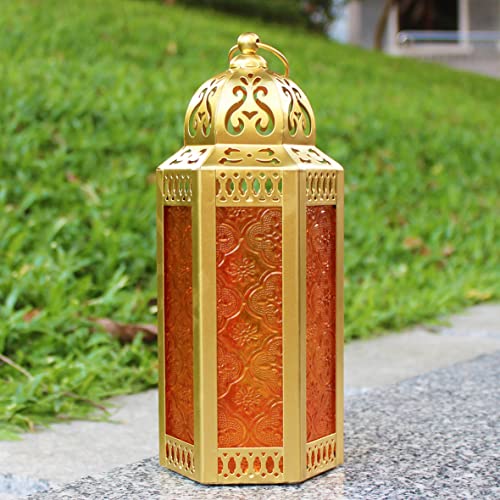 CVHOMEDECO. Decorative Candle Lantern Moroccan Lanterns Vintage Golden Metal Lantern Holder for Home Patio Outdoor Decor. Amber Glass, Medium - color: Amber G