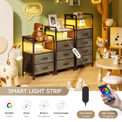 Lazzanto Night Stand with Charger Station - Grey Nightstand with LED Light Strip, Morden Bedside Table with USB Ports & AC Outlets, End Table with Storage Shelf & 3 Fabric Drawers - color: Grey, size: 3 Drawers