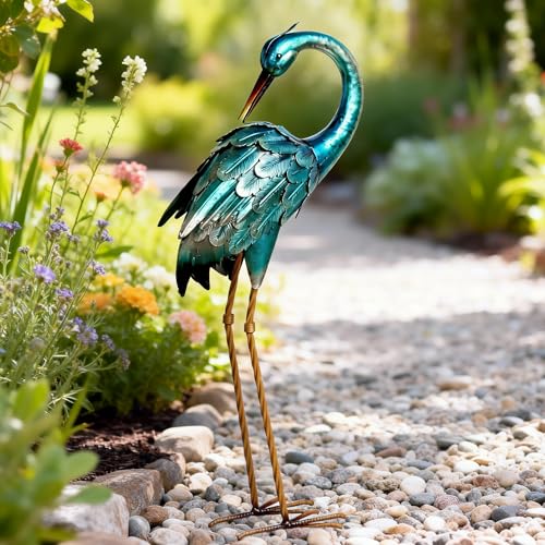 chisheen Crane Garden Statues, Metal Garden Crane Outdoor, Blue Heron Sculpture Metal Yard Art, Large Heron Decoy, Bird Statues, Lawn Ornaments for Backyard Pond Patio Porch Outside Decorations