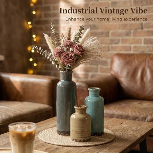 Vintage Ceramic Flower Vase Set of 3, Rustic Farmhouse Vase for Home Decor, Distressed Decorative Vase for Table Entryway Mantel Centerpiece Living Room Bathroom Bedroom (Gray Blue Stripe) - color: 107-gray Blue Stripe