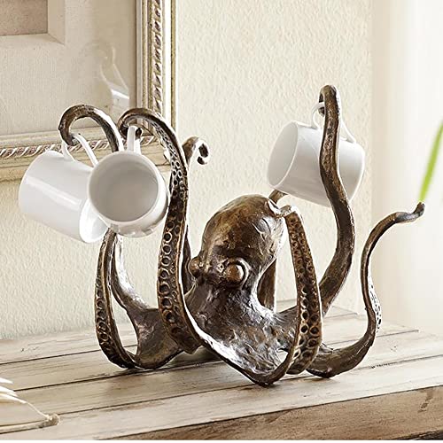 Octopus Statue Resin Octopus Sculpture,Octopus Coffee Mug Holder,Fun Tea Cup Holder Jewelry Holder,Retro Style Gold Octopus Statue Accessories for Kitchen Restaurant Coffee Bar Decor
