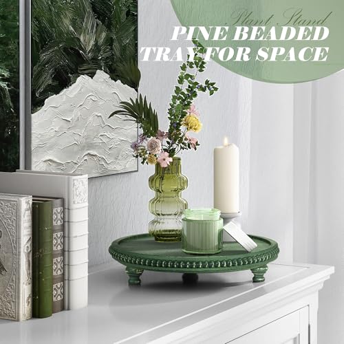 EOSAHR Round Pine Wooden Display Riser - Beaded Wood Riser for Small Plant Stand & Sink Sponge Holder, Perfume Display Stand - Rustic Kitchen Counter Organizer, Boho Chic Room Decor (Green) - color: Green