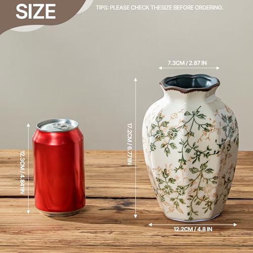 for Mom from Daughter or Son, Vintage Pastoral Octagonal Ceramic Vase 6.7”, Green Chinoiserie Floral Small Vase, Rustic Farmhouse Decor for Living Room, Kitchen, Bedroom - color: 03-green and Beige
