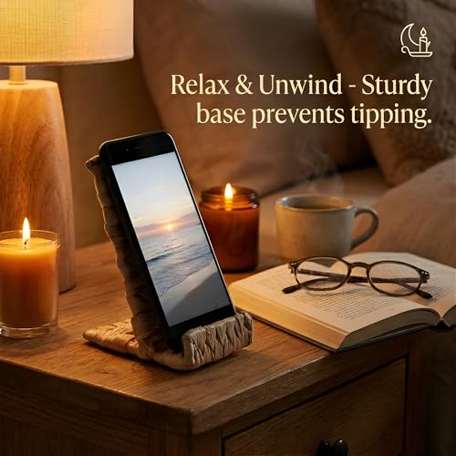 Hylara Handwoven Wicker Phone Stand for Desk - Natural Water Hyacinth Cell Phone Holder, Boho Desk Decor & Accessories, Universal Woven Stand for Home Office, Kitchen, and Nightstand