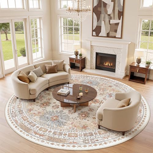 zesthome 9ft Round Rugs for Living Room, Non-Slip Washable Round Area Rugs, Ultra-Thin Large Circle Rugs, Soft Low Pile Rug for Bedroom, Kitchen - Vintage Stain Resistant Round Rug (Orange,9'x9') - color: Orange, size: 9' (Round)