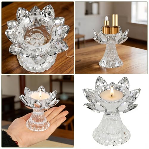 1 PC Silver Crystal Flower Tea Light Holder, Glass Lotus Tealight Candlestick, Votive Candle for Table Centerpiece, Wedding Party Decor, Nice Gift