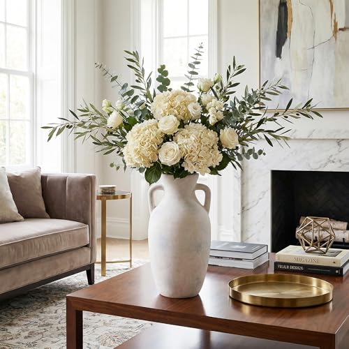 Ceramic Flower Vase with Handles, Neutral Tall Clay Decorative Terracotta Vases Farmhouse Table Vases Living Room Decor Rustic Pottery Pots for Home Shelf Coffee Dining Desk (A-12 h-Antique Beige) - color: A-12"h-antique Beige