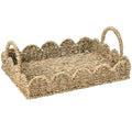 BISS Scalloped Rattan Serving Tray with Removable Floral Transparent Board – Natural Rattan Decorative Wicker Tray with Foldable Handles & Scalloped Edge – Wicker Woven Tray for Coffee Table, Dining