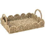 BISS Scalloped Rattan Serving Tray with Removable Floral Transparent Board – Natural Rattan Decorative Wicker Tray with Foldable Handles & Scalloped Edge – Wicker Woven Tray for Coffee Table, Dining