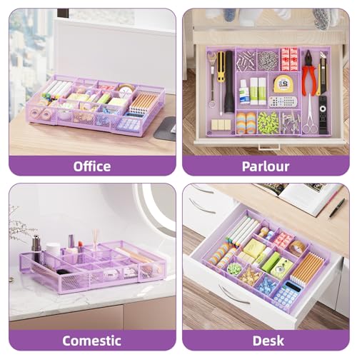 Marbrasse Expandable Desk Drawer Organizer, Mesh Drawer Organizer Tray with 10 Adjustable Compartments, Desk Organizers and Accessories for Office Supplies, Makeup & Vanity (Expandable-Purple) - color: Expandable-Purple