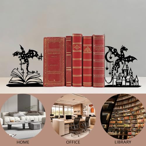 2Pcs 2 Styles Metal Dragon Bookends Black Book Stopper Fantasy Dragon Pattern Black Decorative Heavy Duty Metal Book Ends for Shelves Office Desk Organizer Stylish 7.48 x 6.3 x 1.18 Inch - color: Dragon