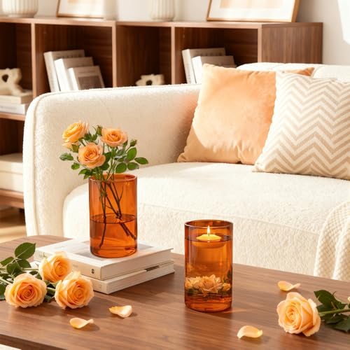 TBWIND 12pcs Amber Glass Cylinder Vases for Centerpieces, 6 Inch Bulk Flower Vases for Wedding Decorations, Hurricane Candle Holder for Floating Candles and Table Home Decor - size: 12 Pack 6 Inch - Amber
