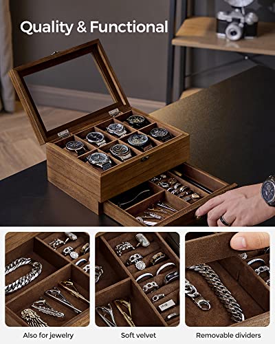 SONGMICS 8-Slot Watch Box, 2-Tier Watch Display Case with Large Glass Lid, Removable Watch Pillows, Velvet Lining, Jewelry Box, Gift Idea, Rustic Walnut UJOW008K01 - color: Rustic Walnut, size: 2 Layer 8 Slot