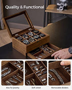 SONGMICS 8-Slot Watch Box, 2-Tier Watch Display Case with Large Glass Lid, Removable Watch Pillows, Velvet Lining, Jewelry Box, Gift Idea, Rustic Walnut UJOW008K01 - color: Rustic Walnut, size: 2 Layer 8 Slot