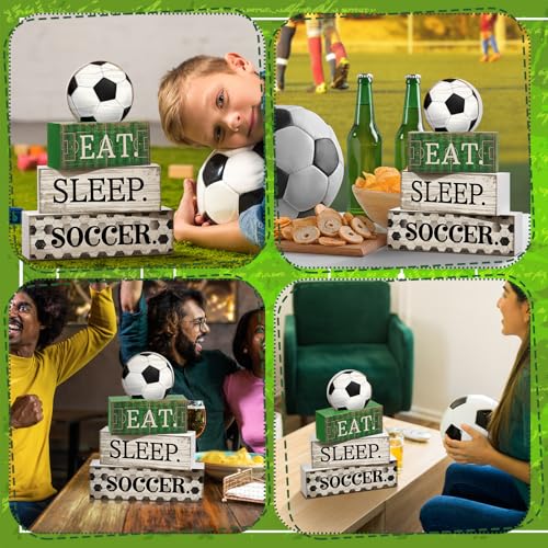 Yuntau 4 Pcs Soccer Wooden Tabletop Decor Soccer Tiered Tray Decor Rustic Wood Block Sign Gift Centerpiece Farmhouse Table Sign for Home Boys Room Office Shelf Birthday Party - style: Soccer