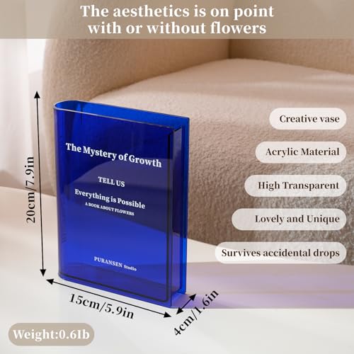 Puransen Blue Book-Shaped Vase for Flowers - Aesthetic Room Decor for Modern Home/Office, Minimalist Shelf Organizer with Floral Display, for Book Lovers & Interior Design Enthusiasts - color: Transparent Blue