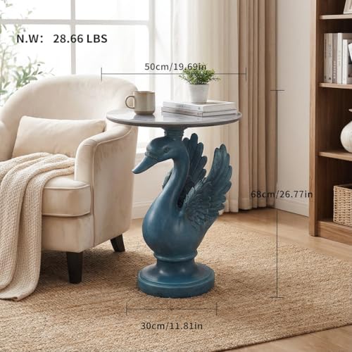 Luxurious Swan Side Table - 20" Premium Faux Marble Accent Table with Hand-Finished Resin Swan Statue Base - High-End Round End Table for Upscale Living Room, Master Suite - Tool-Free - color: Blue Swan